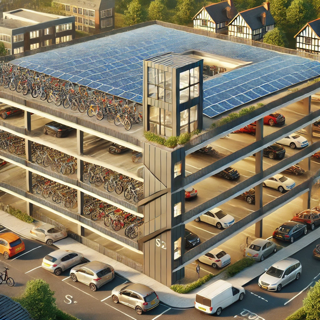 DALL·E 2024 08 05 20.49.08 An image of the London Road Multi Storey Car Park in the London Borough of Barking and Dagenham. Highlight the solar panels on the roof secure bike s London Borough of Barking and Dagenham Car Parks