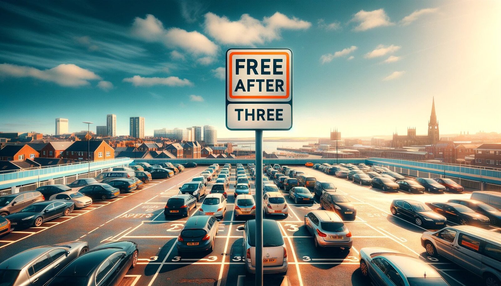 Sunderland Parking Reforms - A panoramic view of a Sunderland city car park showing the 'Free After Three' parking scheme signs. The image should depict a mix of cars parked, with