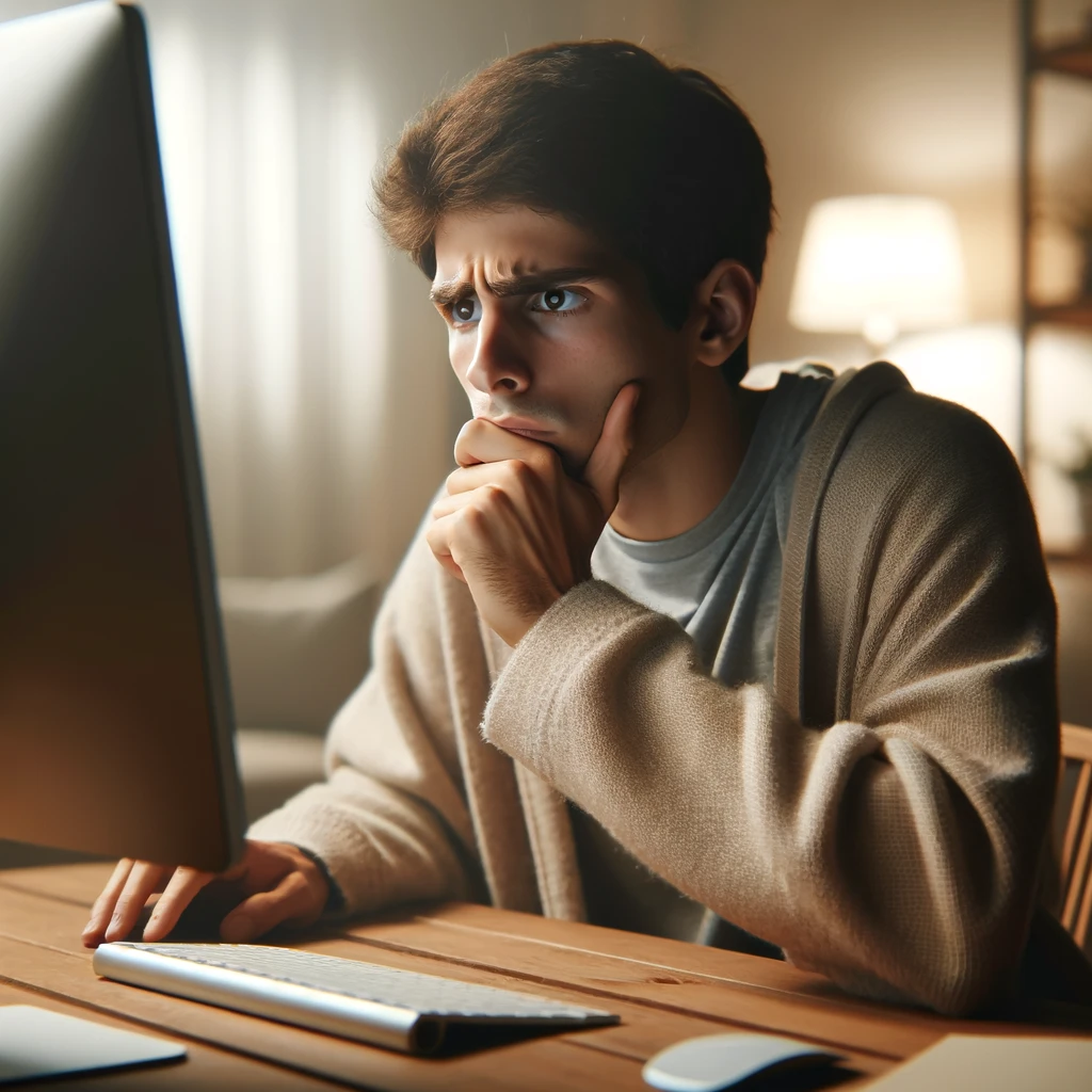 Navigating the Appeals Process for a PCN - A Step-by-Step Guide. This image features a person sitting at a desk with a puzzled expression, looking intently at a computer screen.