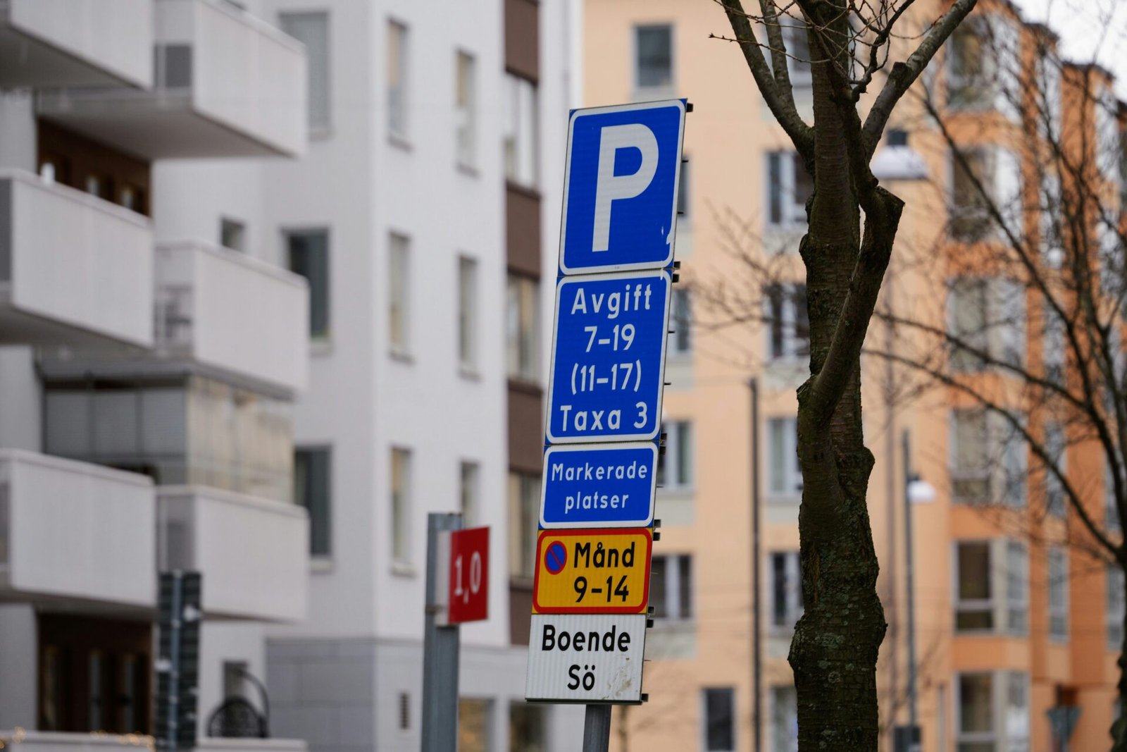 a blue parking sign sitting on the side of a road